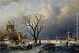 Charles Henri Joseph Leickert Canvas Paintings - A Winter Landscape with Figures near a Castle